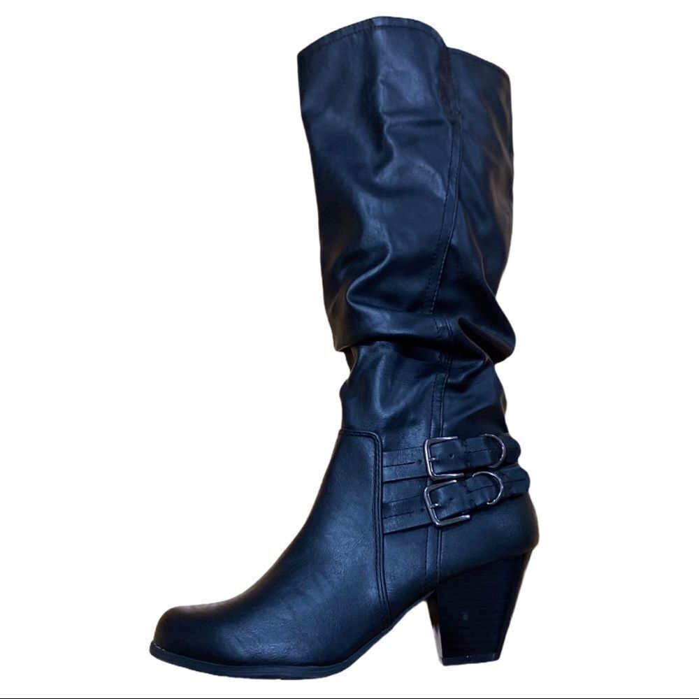 Black Double Buckle Wood Grain Heel Slouchy Tall Boots NEW